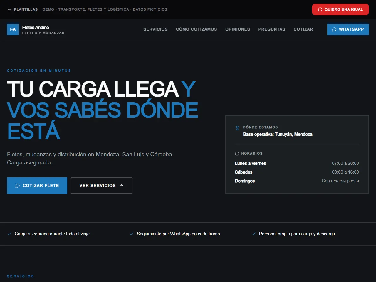 Demo de página web para transporte y fletes
